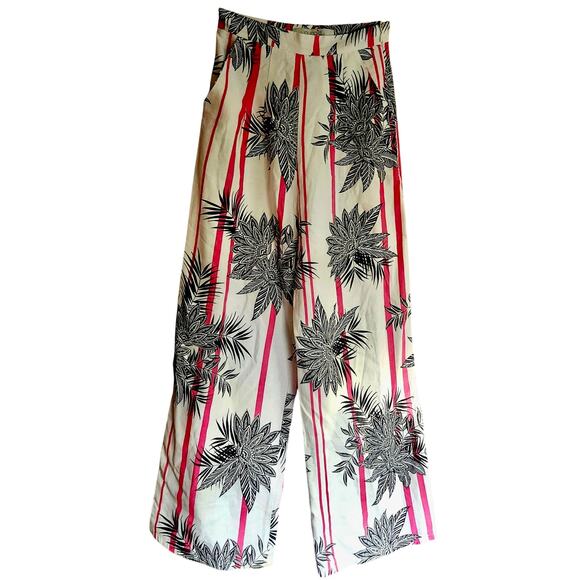 LIQUORISH Linen Cotton Pant sz 2 High Waist Wide Leg Boho Tropical Striped - Picture 9 of 9
